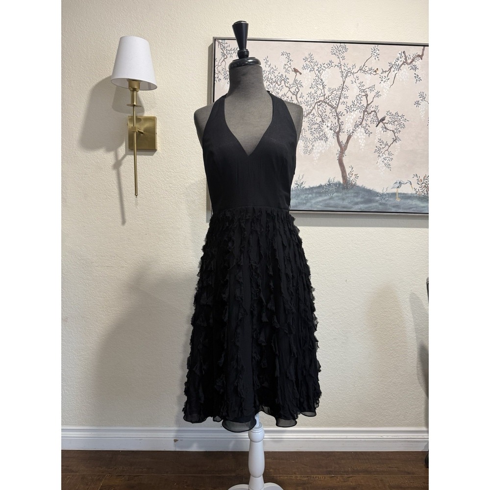 White House Black Market 100% Silk Chiffon Black Halter Ruffle Knee Dress 6